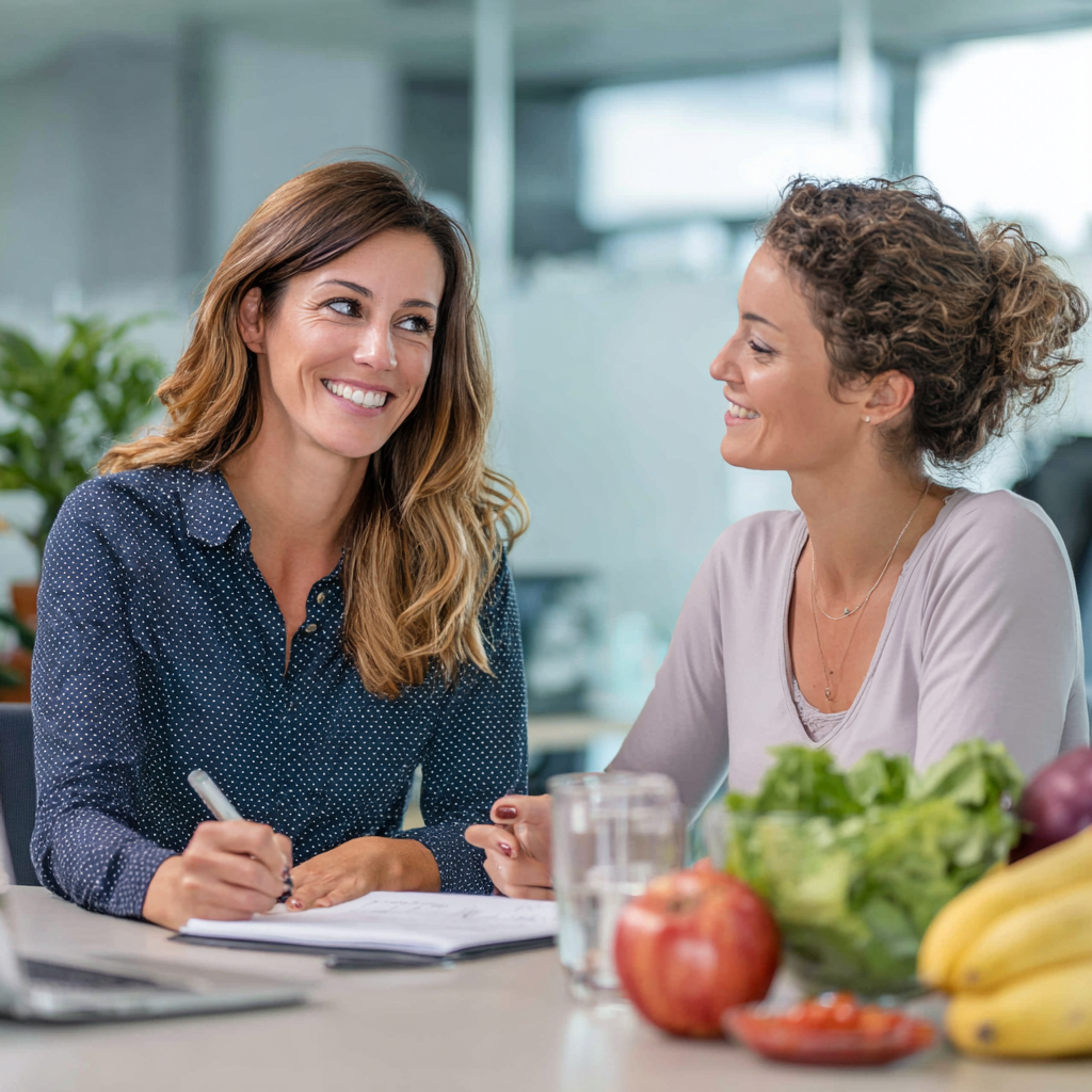 Щаслива молода європейська жінка тримає тарілку зі свіжими овочами та фруктами, посміхається на кухні в реалістичному стилі